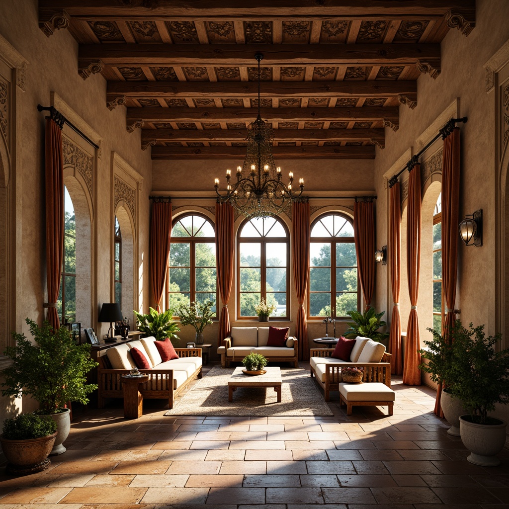 Prompt: Ornate sunroom, Renaissance-inspired architecture, intricately carved wooden beams, ornamental stucco walls, arched windows, rustic stone flooring, lavish chandeliers, rich velvet drapes, antique furnishings, luxurious textiles, warm golden lighting, soft focus, shallow depth of field, 1/1 composition, realistic renderings, ambient occlusion, subtle color grading.