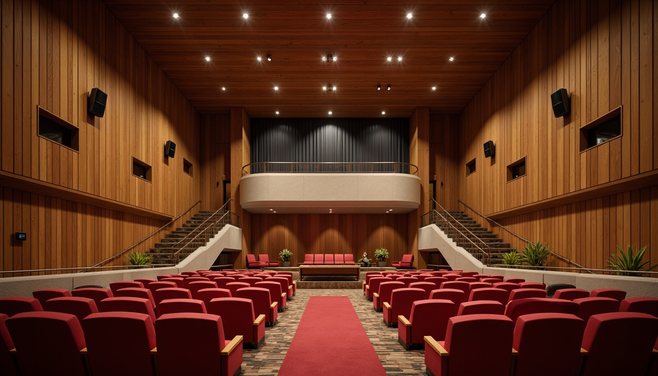 Prompt: Intimate auditorium, mid-century modern design, wooden paneling, soft warm lighting, plush red velvet seats, curved lines, minimal ornamentation, polished chrome accents, natural stone walls, acoustic panels, soundproofing materials, professional audio equipment, stage lighting systems, dramatic spotlights, comfortable audience seating, open floor plan, high ceilings, subtle color palette, elegant simplicity, 1/1 composition, soft focus, realistic textures.