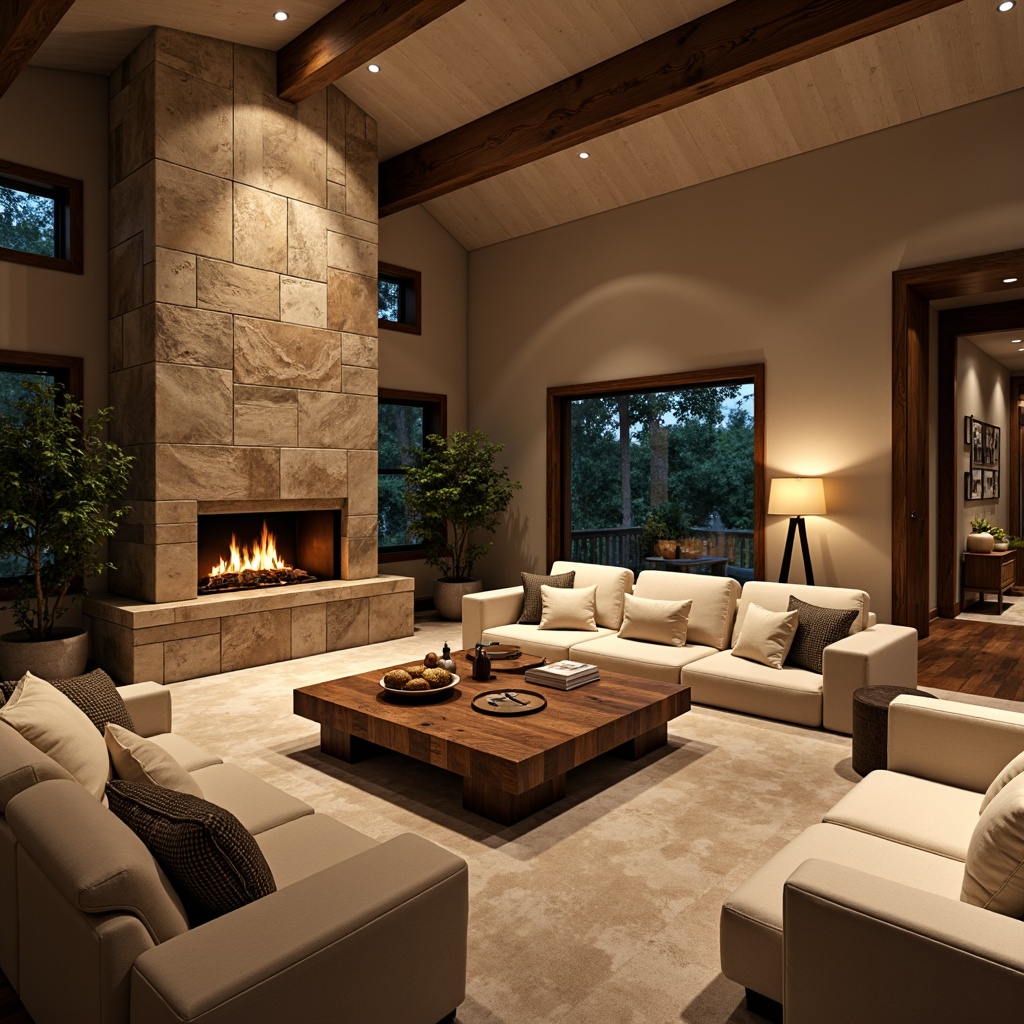 Prompt: Cozy living room, plush sectional sofa, soft velvety fabric, warm beige color scheme, rustic wooden coffee table, natural stone fireplace, crackling flames, comfortable pillows, oversized armchairs, floor lamps, soft warm lighting, shallow depth of field, 1/1 composition, realistic textures, ambient occlusion.