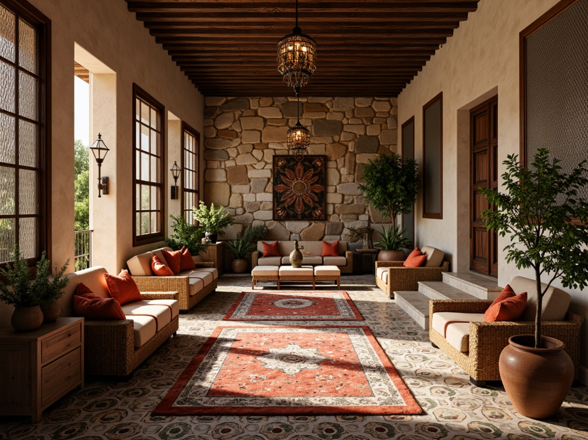 Prompt: Richly ornamented Moroccan tiles, intricately patterned rugs, velvet soft furnishings, natural stone walls, reclaimed wood accents, metallic mesh panels, distressed leather upholstery, woven wicker furniture, earthy terracotta pots, lush greenery, warm golden lighting, shallow depth of field, 3/4 composition, panoramic view, realistic textures, ambient occlusion.