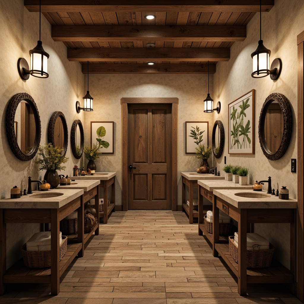 Prompt: Rustic powder room, reclaimed wood vanities, distressed metal fixtures, earthy color palette, natural stone countertops, copper pipes, wooden beams, pendant lighting, woven baskets, botanical prints, vintage apothecary jars, ornate mirrors, soft warm lighting, shallow depth of field, 1/1 composition, realistic textures, ambient occlusion.