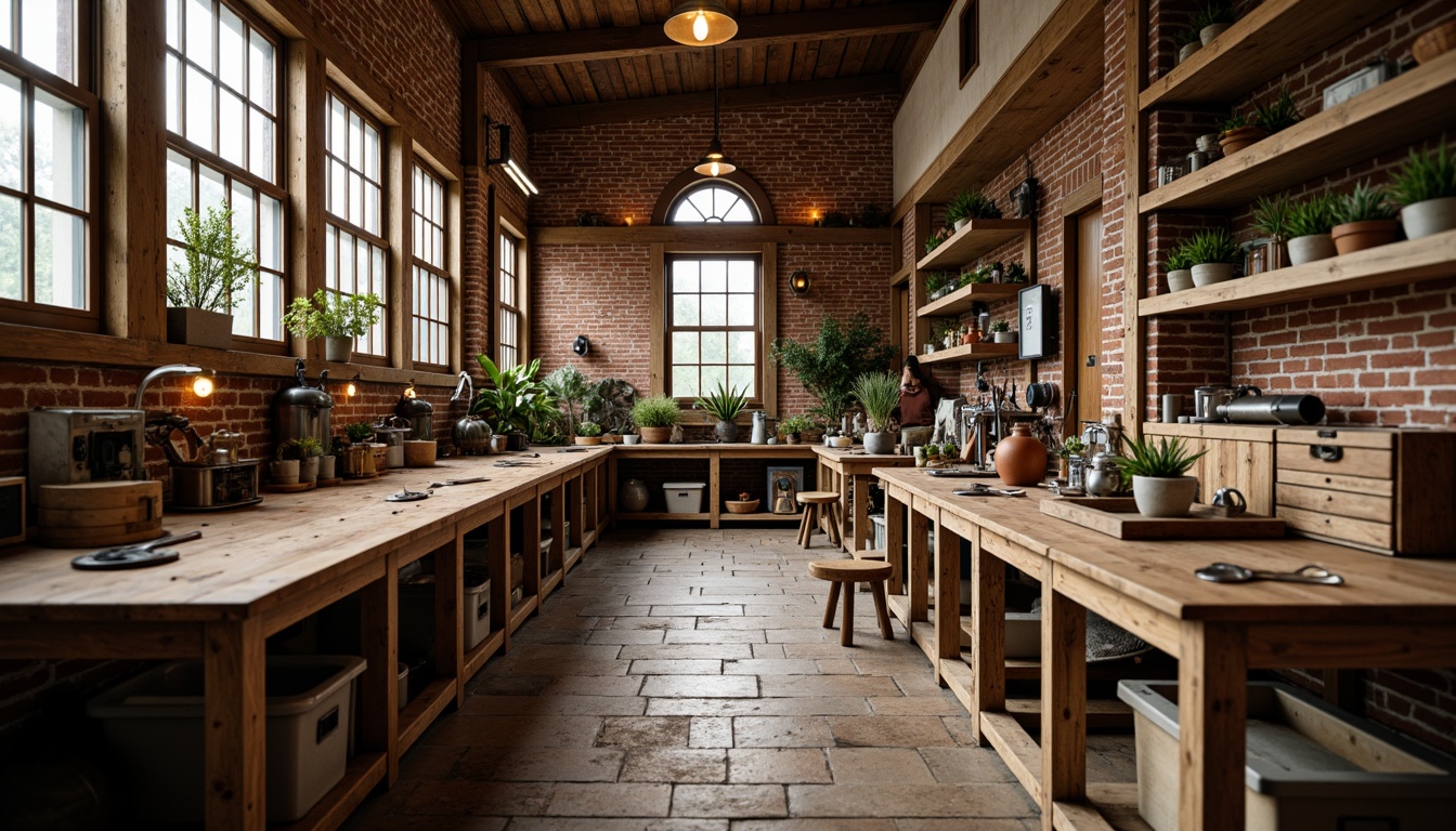 Prompt: Rustic wooden workbenches, distressed metal tools, natural stone flooring, earthy color palette, reclaimed wood accents, industrial-style lighting fixtures, exposed brick walls, vintage manufacturing equipment, worn leather aprons, wooden crates, potted plants, soft warm lighting, shallow depth of field, 3/4 composition, realistic textures, ambient occlusion.