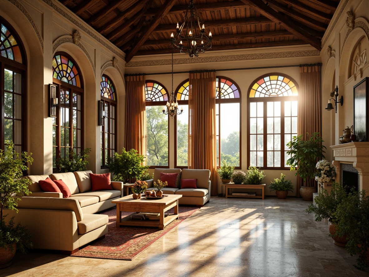 Prompt: Grand sunroom, Renaissance-style architecture, ornate stone carvings, intricately patterned marble floors, high ceilings, large arched windows, stained glass domes, natural light pouring in, warm golden tones, soft shadows, luxurious velvet drapes, elegant chandeliers, rustic wooden beams, comfortable plush sofas, vibrant greenery, blooming flowers, subtle scents, gentle breeze, morning sunlight, 1/1 composition, soft focus, shallow depth of field.