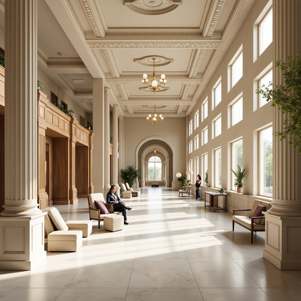 Prompt: \Elegant healthcare center, neoclassical architecture, symmetrical fa\u00e7ade, Corinthian columns, ornate details, soft beige walls, creamy white marble floors, rich wood accents, golden lighting fixtures, serene atmosphere, natural light pouring in through large windows, comfortable waiting areas, plush furnishings, calming color scheme