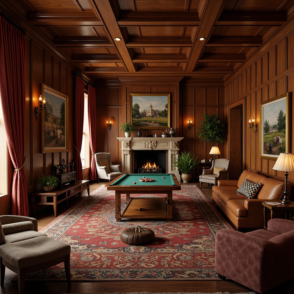 Prompt: Richly textured game room, warm golden lighting, ornate wooden paneling, luxurious velvet drapes, stately stone fireplaces, carved wooden furniture, intricate patterned rugs, vintage sporting equipment, classic board games, traditional oil paintings, elegant bronze fixtures, plush leather sofas, wooden wall accents, subtle warm color palette, cozy intimate atmosphere, shallow depth of field, 1/1 composition, realistic textures, ambient occlusion.