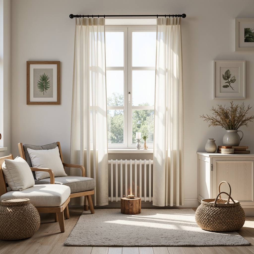 Prompt: Soft Nordic light, calming color scheme, creamy whites, warm beiges, gentle grays, pale blues, muted greens, natural wood tones, textured fabrics, woven baskets, minimalist decor, sleek lines, simple shapes, cozy atmosphere, warm candlelight, shallow depth of field, 1/1 composition, realistic textures, ambient occlusion.