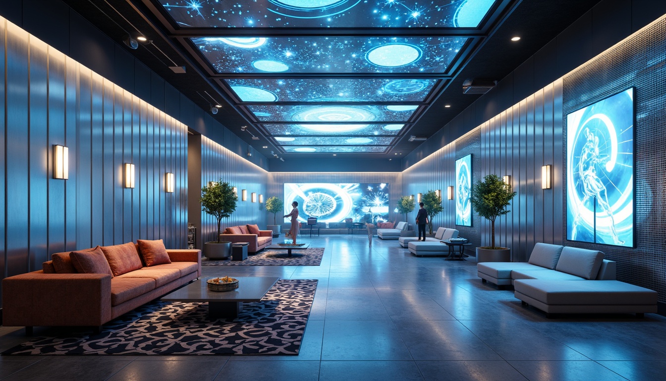 Prompt: Futuristic great room, metallic silver walls, polished chrome accents, neon blue luminescent lines, iridescent glass chandeliers, plush velvet sofas, geometric patterned rugs, holographic artwork displays, virtual reality experience zones, minimalist coffee tables, sleek low-profile chairs, ambient LED lighting, soft misty atmosphere, shallow depth of field, 3/4 composition, panoramic view, realistic metallic textures, ambient occlusion.