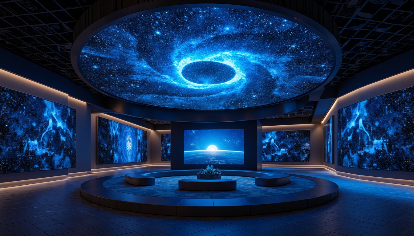 Prompt: Celestial planetarium, dark blue walls, starry night sky, twinkling lights, nebula-inspired murals, futuristic metallic accents, soft ambient glow, LED constellation displays, 3D astronomical projections, circular seating areas, curved dome screens, immersive cinematic experiences, surround sound systems, dimmable mood lighting, astronomy-themed decor, cosmic patterns, swirling vortex visuals, real-time data visualization.