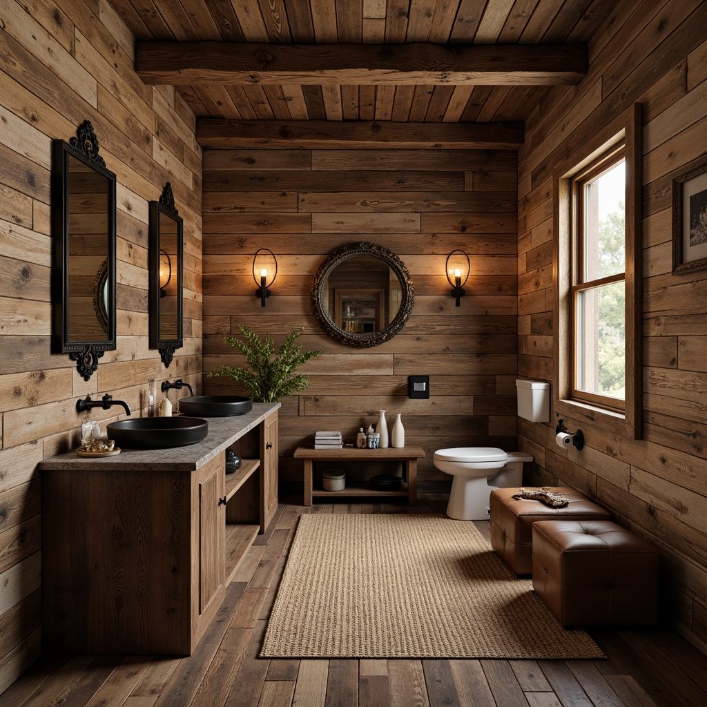 Prompt: Rustic powder room, reclaimed wood walls, distressed wooden planks, earthy tone color palette, rough-hewn stone accents, vintage metal fixtures, ornate mirrors, worn leather upholstery, natural fiber rugs, warm candlelight, shallow depth of field, 1/1 composition, realistic textures, ambient occlusion.