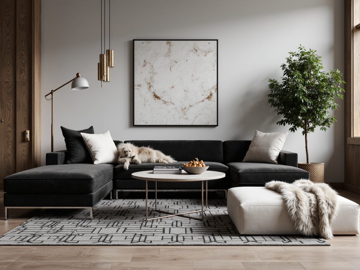 Prompt: Sleek low-profile sofa, minimalist coffee table, chrome-legged armchair, velvet ottoman, geometric-patterned rug, industrial-chic metal floor lamp, sculptural wooden side table, curved lines, monochromatic color scheme, polished marble accents, luxurious faux fur throw blankets, abstract artwork, urban loft-inspired decor, soft ambient lighting, 1/1 composition, realistic reflections, subtle texture details.