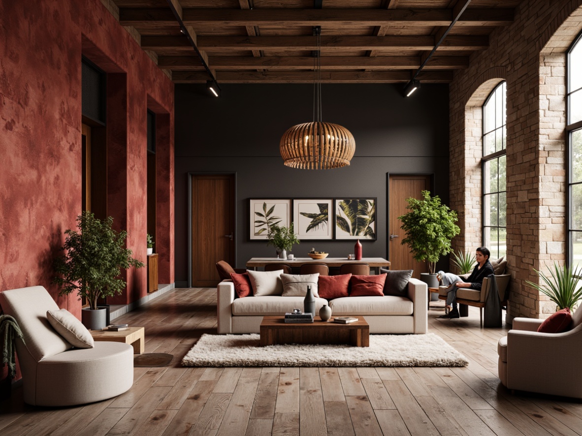 Prompt: Richly textured walls, luxurious velvet fabrics, smooth marble countertops, reclaimed wooden floors, natural stone accents, cozy plush rugs, industrial metal beams, rustic brick archways, modern minimalist decor, soft warm lighting, shallow depth of field, 1/1 composition, realistic textures, ambient occlusion.