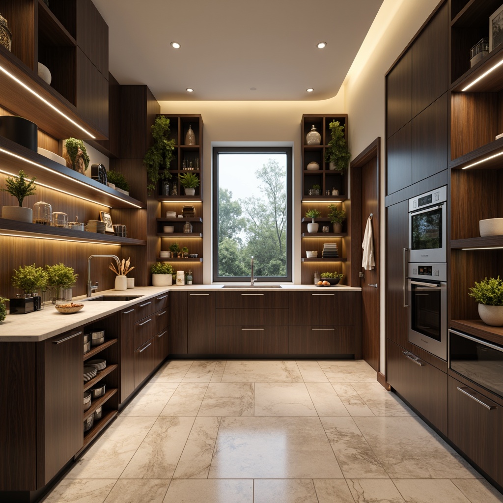 Prompt: Modern pantry, sleek cabinetry, high-gloss finishes, LED strip lighting, recessed ceiling lights, under-cabinet task lighting, warm ambient glow, pendant light fixtures, polished chrome accents, marble countertops, glass backsplashes, minimal ornamentation, open shelving, natural stone flooring, airy atmosphere, soft box lighting, 1/1 composition, shallow depth of field, realistic textures, ambient occlusion.