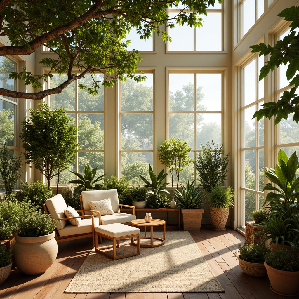 Prompt: Vibrant sunroom, warm natural light, lush greenery, blooming flowers, soft pastel colors, creamy whites, gentle yellows, soothing blues, earthy terracotta, natural wood accents, woven textiles, rattan furniture, plants with unique textures, morning sunlight, warm afternoon glow, subtle shadows, shallow depth of field, 1/2 composition, harmonious color balance, realistic reflections.