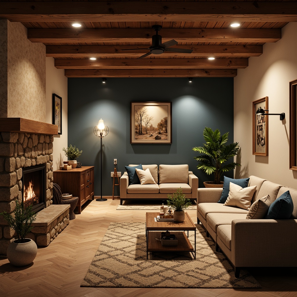 Prompt: Cozy basement atmosphere, warm earthy tones, rich wood accents, soft cream walls, deep blue undertones, vintage metal fixtures, rustic stone textures, ambient warm lighting, comfortable furniture arrangements, plush carpeting, natural fiber rugs, soothing color harmony, calming mood, relaxing ambiance, 3/4 composition, shallow depth of field, realistic renderings.