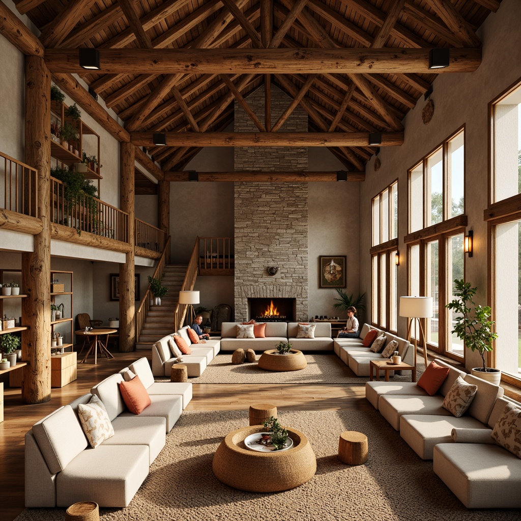 Prompt: Vibrant youth center, rustic farmhouse interiors, wooden accents, exposed beams, natural textiles, woven baskets, earthy color palette, cozy seating areas, plush throw pillows, vintage decorative items, reclaimed wood furniture, soft warm lighting, 1/1 composition, shallow depth of field, realistic textures, ambient occlusion.