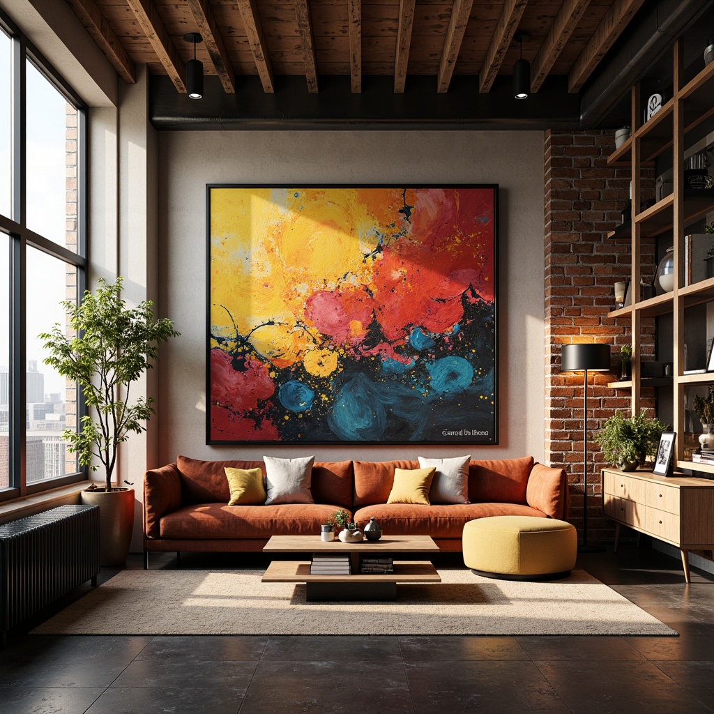 Prompt: Vibrant abstract art, expressive brushstrokes, bold color palette, textured canvases, eclectic composition, statement piece, oversized frames, modern interior design, sleek coffee tables, luxurious velvet sofas, dramatic floor lamps, industrial chic decor, exposed brick walls, reclaimed wood accents, bohemian vibes, natural light pouring in, atmospheric misty effects, warm golden hour lighting, 1/2 composition, shallow depth of field, realistic textures.