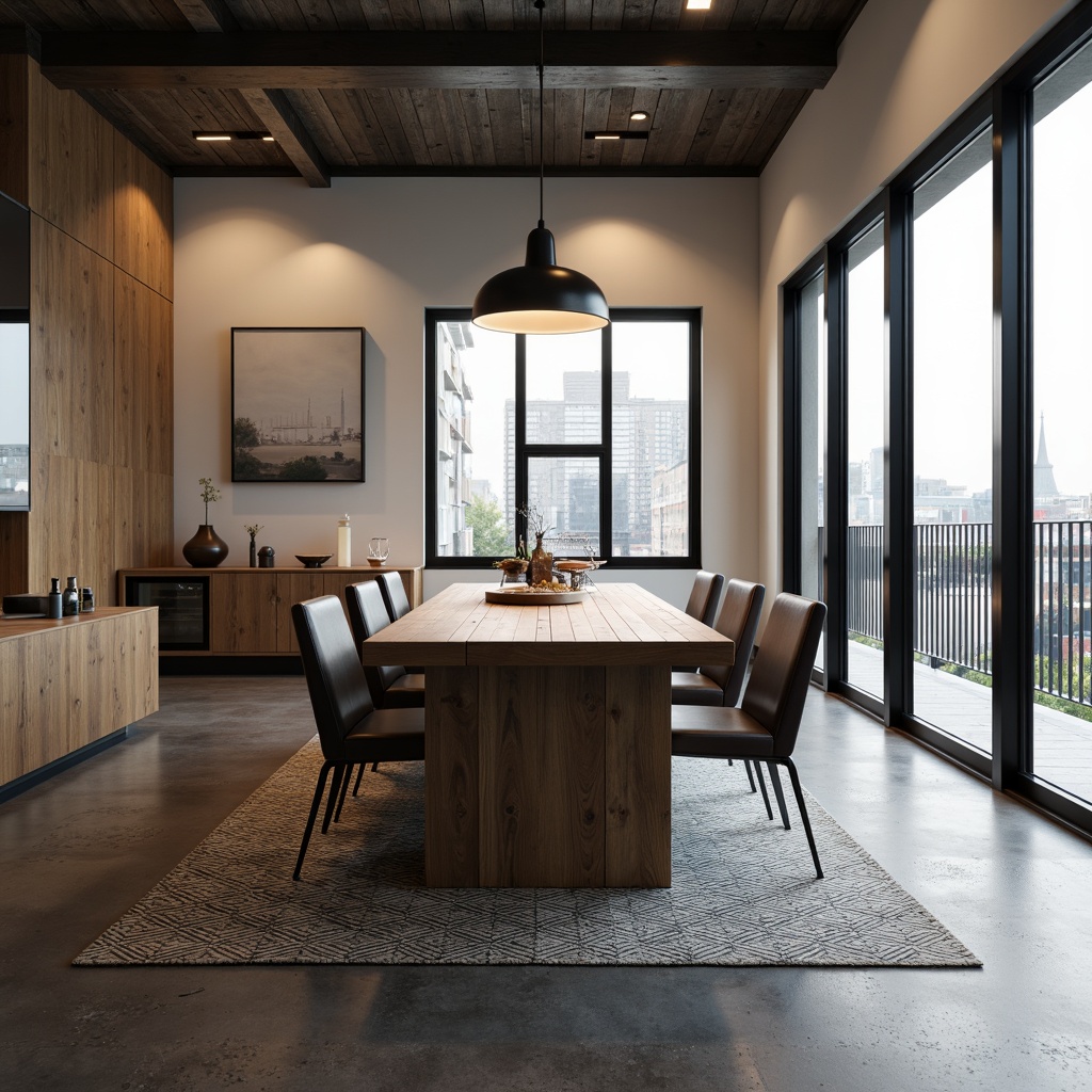 Prompt: Modern dining room, sleek wooden table, high-backed chairs, pendant lighting fixtures, geometric patterned rug, minimalist wall art, floor-to-ceiling windows, natural daylight, urban cityscape view, concrete floors, industrial chic decor, metal and glass accents, monochromatic color scheme, ambient warm lighting, 1/2 composition, realistic textures, subtle shadows.