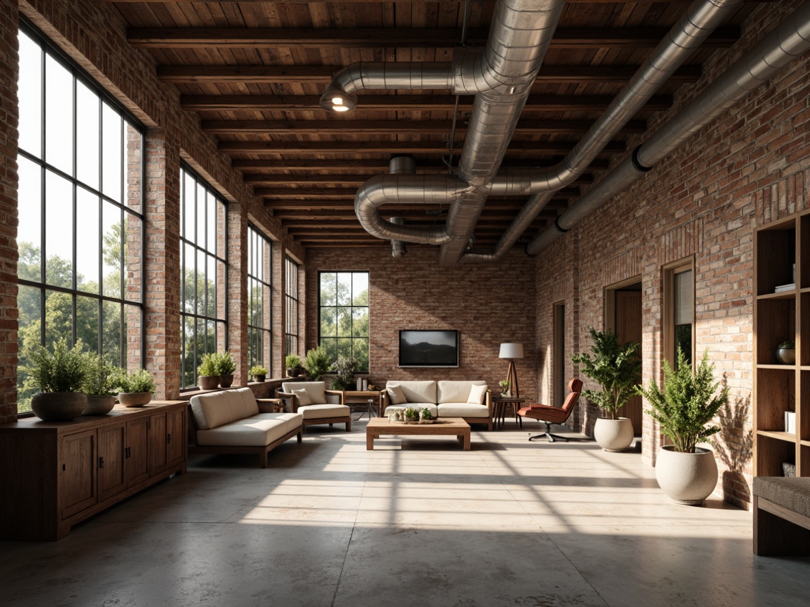 Prompt: Industrial-chic interior, exposed steel beams, rustic wooden accents, concrete floors, metal ductwork, functional pipes, reclaimed wood textures, distressed brick walls, urban loft atmosphere, natural light pouring, soft warm glow, 1/1 composition, shallow depth of field, realistic renderings, ambient occlusion.