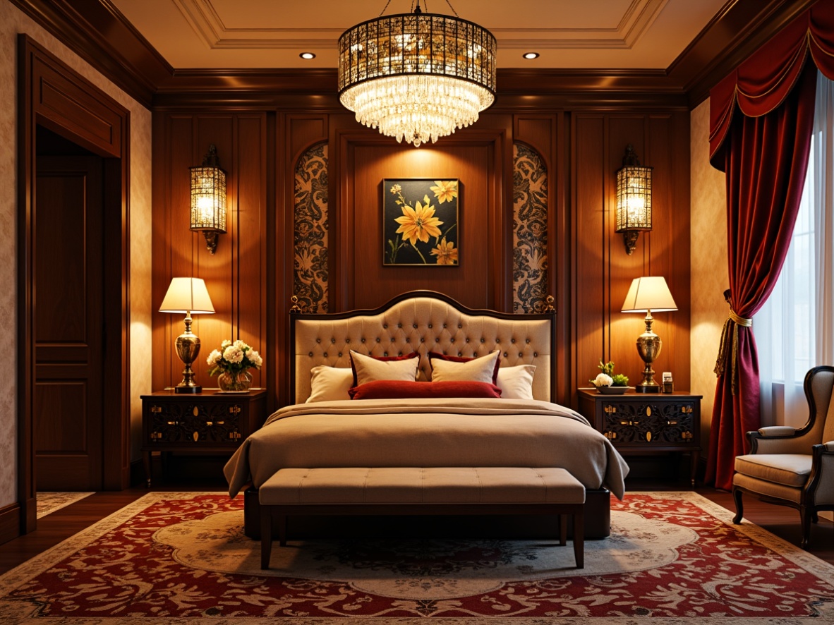 Prompt: Luxurious Art Deco bedroom, lavish chandeliers, ornate metal sconces, crystal drop pendants, geometric patterned shades, metallic leaf accents, velvet drapes, rich wood paneling, bold color schemes, opulent fabrics, tufted headboards, statement furniture pieces, lavish rugs, dramatic floor lamps, warm golden lighting, soft ambient glow, 1/1 composition, shallow depth of field, realistic textures.