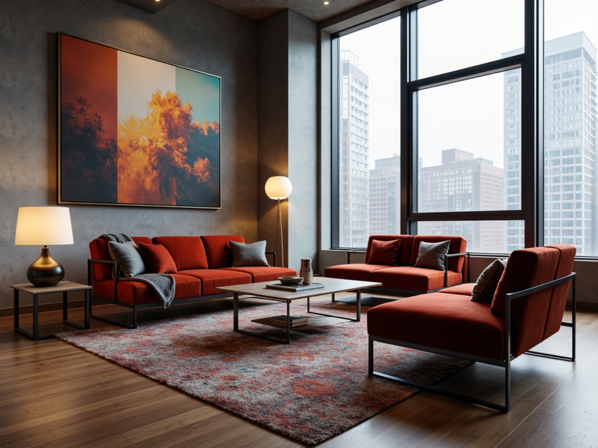 Prompt: Sleek low-profile sofas, minimalist coffee tables, industrial metal legs, polished chrome accents, curved lines, geometric patterns, bold color blocking, luxurious velvet fabrics, metallic silver finishes, ambient floor lamps, abstract artwork, urban loft atmosphere, large windows, cityscape views, softbox lighting, 1/2 composition, shallow depth of field.