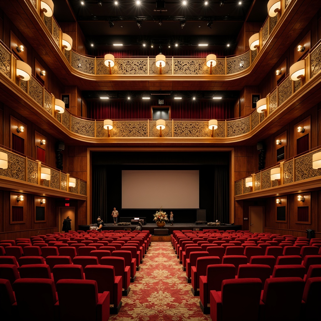 Prompt: Luxurious theater interior, plush velvet seats, ornate golden balconies, grand stage, rich wood paneling, sophisticated soundproofing materials, acoustic absorption panels, diffusers, bass traps, precision-crafted speaker systems, dramatic lighting design, warm ambient glow, cinematic screen, 3D audio immersive experience, realistic sound effects, shallow depth of field, 2/3 composition, panoramic view, high-fidelity audio equipment, avant-garde architecture.