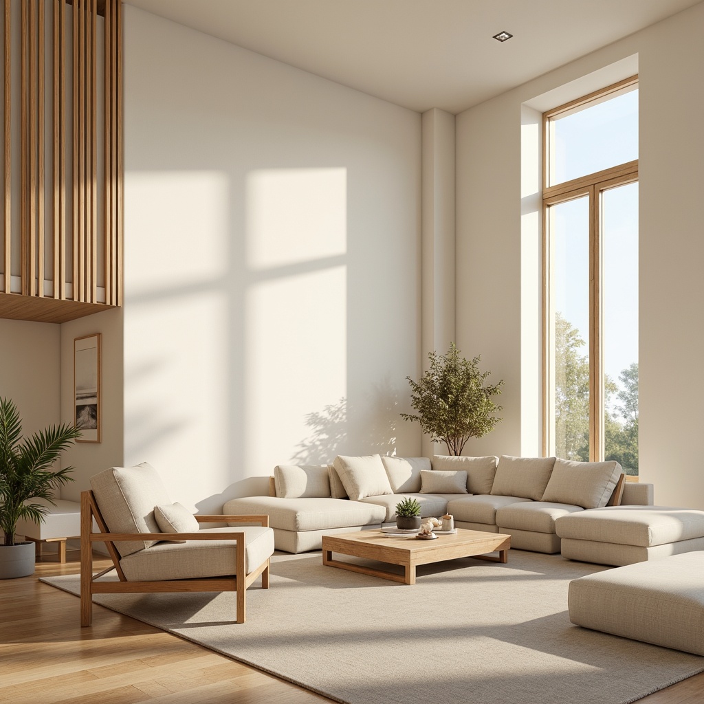 Prompt: Calming interior atmosphere, soothing color harmony, creamy whites, warm beige tones, rich wood accents, soft pastel hues, subtle texture contrasts, natural material blendings, elegant modern furniture, minimalist decor styles, airy spacious rooms, abundant natural light, gentle warm lighting, shallow depth of field, 1/2 composition, realistic renderings, ambient occlusion.