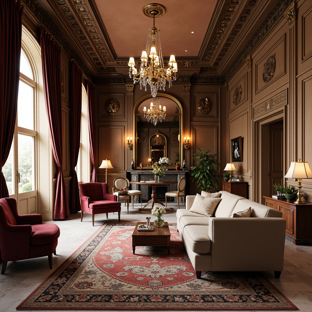 Prompt: Elegant neoclassical interior, ornate moldings, carved wooden furniture, velvet upholstery, golden accents, crystal chandeliers, marble floors, intricate patterns, rich textiles, classic proportions, symmetrical compositions, soft warm lighting, subtle shading, luxurious fabrics, refined details, antique pieces, vintage accessories, sophisticated ambiance, harmonious color palette.