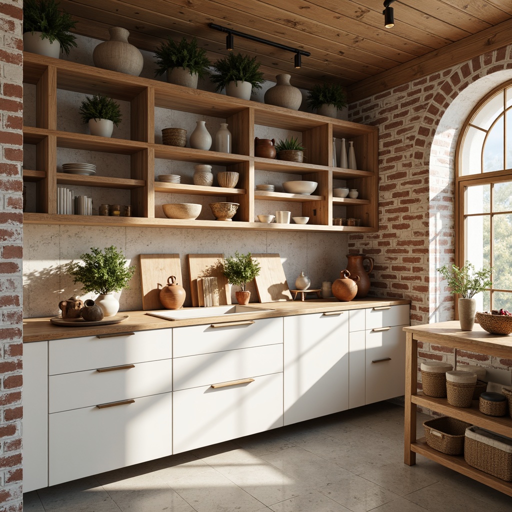 Prompt: Light-filled Scandinavian pantry, natural wood tones, reclaimed wooden shelves, matte white cabinets, minimalist hardware, industrial-style lighting fixtures, exposed brick walls, concrete floors, earthy terracotta pots, woven wicker baskets, linen textiles, soft warm lighting, shallow depth of field, 1/1 composition, realistic textures, ambient occlusion.