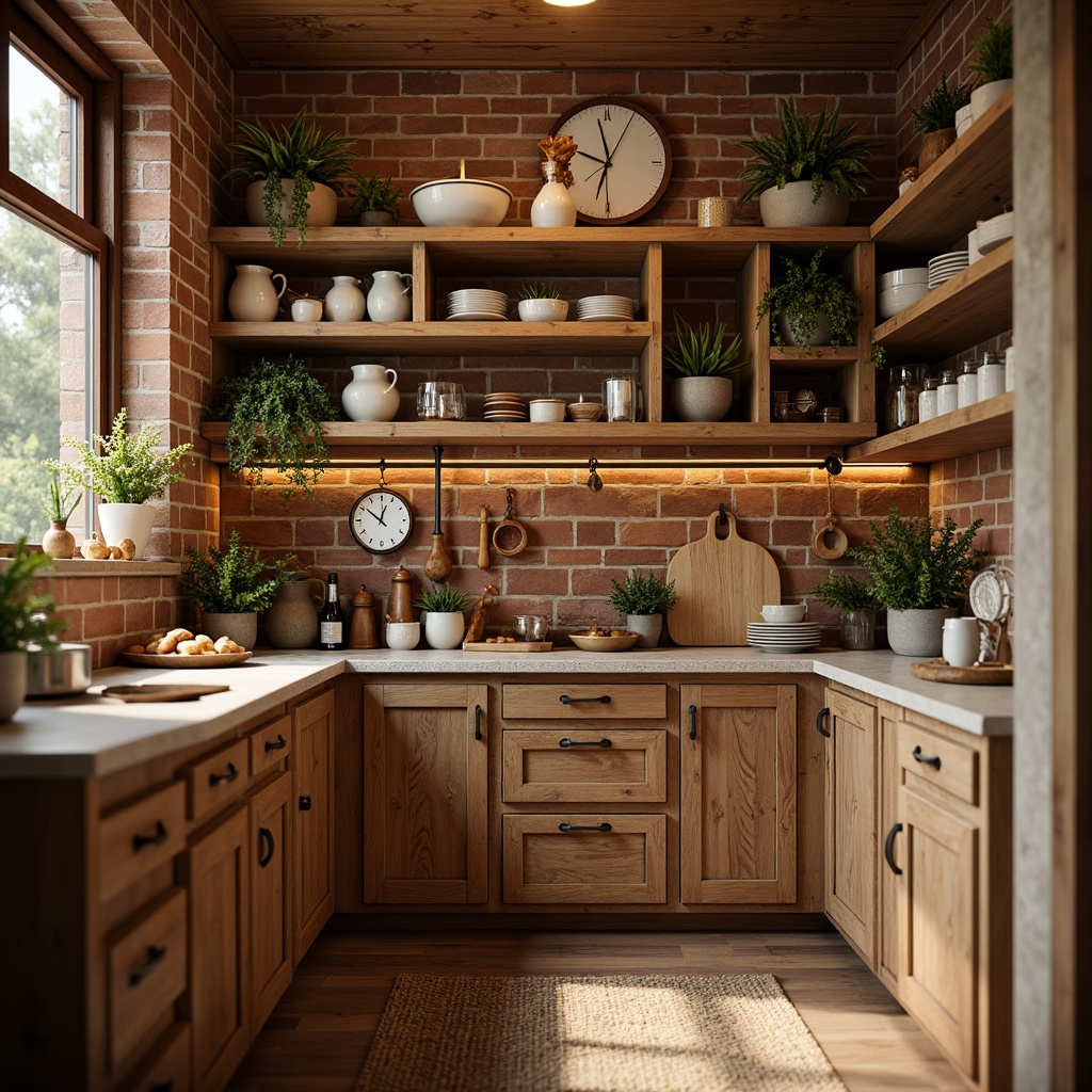 Prompt: Cozy pantry, warm earthy tones, soft cream colors, rich wood accents, natural stone countertops, vintage metal shelves, rustic brick walls, warm lighting, shallow depth of field, 1/1 composition, realistic textures, ambient occlusion.