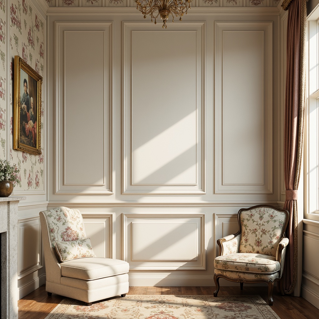 Prompt: Rustic French country wall, distressed wood panels, soft creamy whites, warm beige tones, natural stone textures, vintage-inspired wallpaper, florally-patterned fabrics, toile de Jouy designs, subtle sheen finishes, elegant molding details, ornate gold accents, luxurious velvet drapes, sunny afternoon light, soft focus blur, 1/2 composition, intimate atmosphere, realistic worn edges.