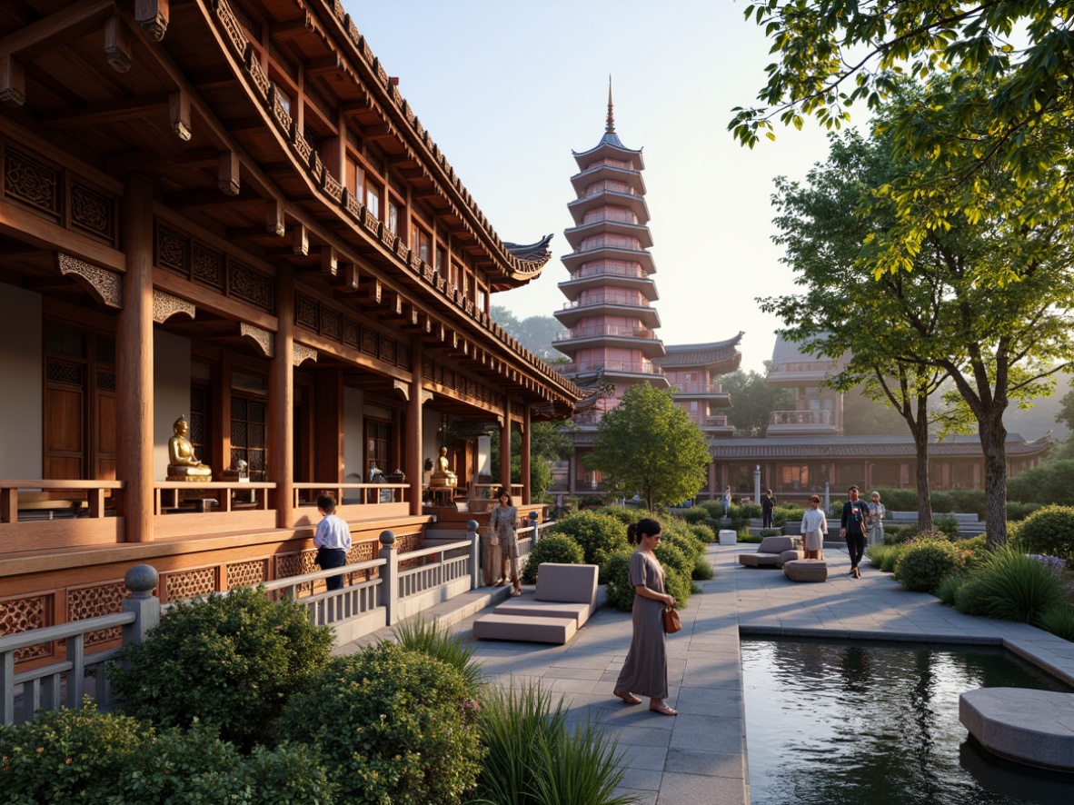 Prompt: Intricate wooden carvings, golden Buddha statues, ornate lanterns, vibrant red and gold accents, traditional Asian rooflines, tiered pagoda-inspired architecture, serene natural surroundings, lush greenery, peaceful water features, gentle misting systems, warm soft lighting, shallow depth of field, 3/4 composition, realistic textures, ambient occlusion.