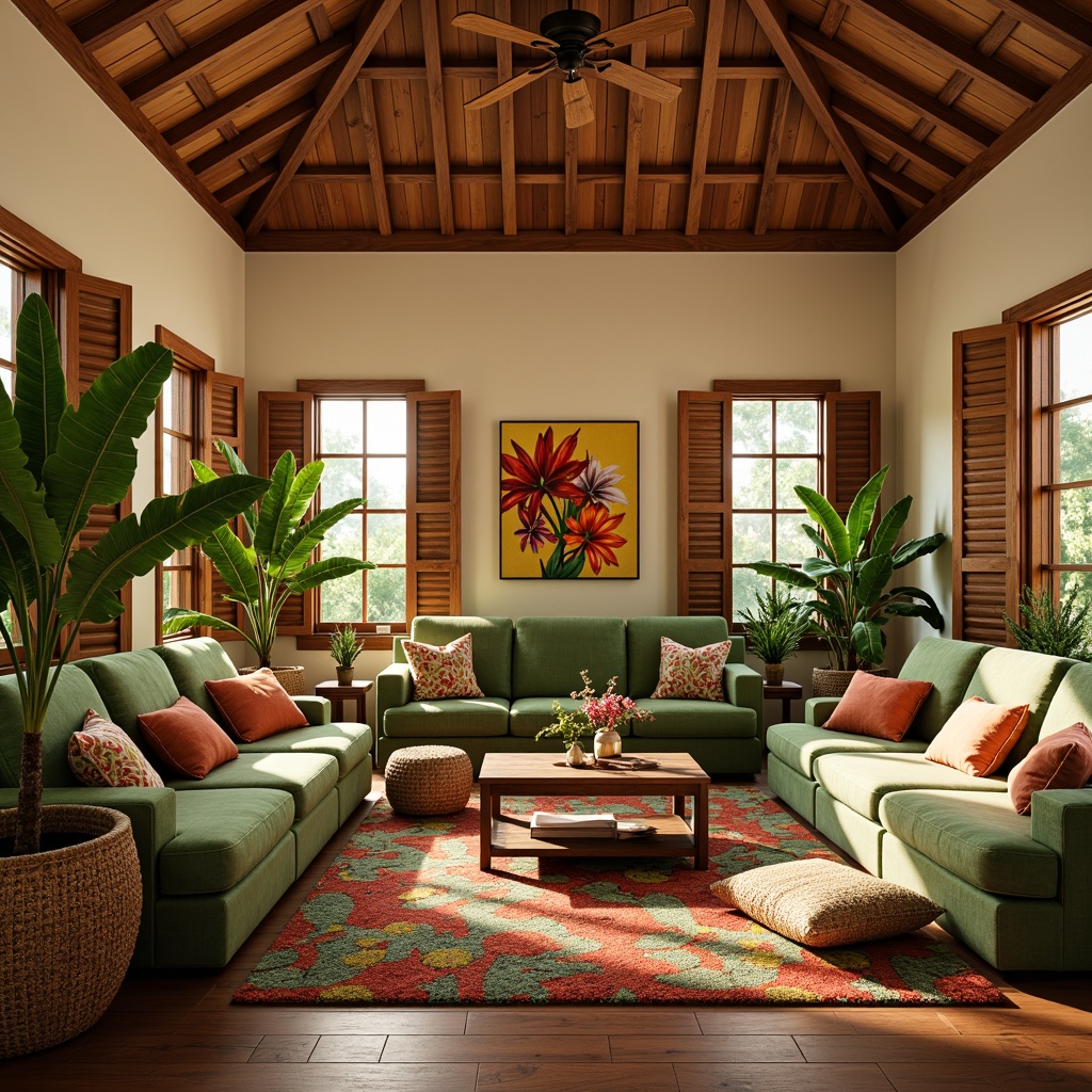 Prompt: Cozy tropical family room, warm beige walls, rich wood accents, plush green velvet sofa, vibrant floral patterns, natural fiber rugs, woven wicker furniture, rattan coffee table, exotic potted plants, soft golden lighting, shallow depth of field, 1/1 composition, intimate atmosphere, relaxed seating arrangement, colorful throw pillows, tropical-inspired artwork, wooden ceiling fan, large windows with plantation shutters, ocean breeze sound effects.