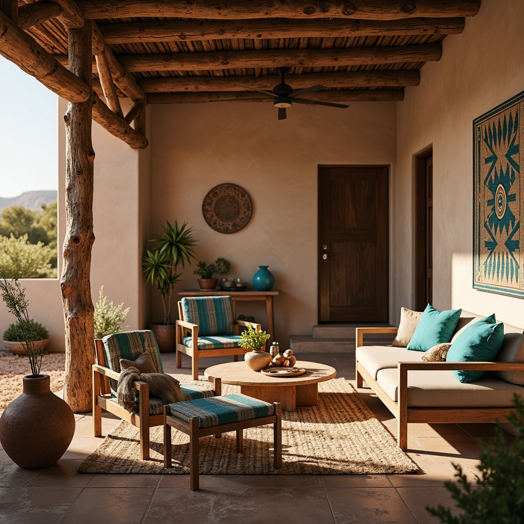 Prompt: Rustic wooden furniture, earthy tones, woven blankets, vibrant turquoise accents, geometric patterns, natural fiber rugs, clay pottery vases, desert botanicals, warm golden lighting, shallow depth of field, 3/4 composition, panoramic view, realistic textures, ambient occlusion.