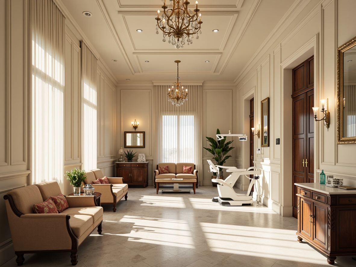 Prompt: Elegant dental clinic, neoclassical interior design, cream-colored walls, ornate moldings, grand chandeliers, polished marble floors, luxurious velvet sofas, antique wooden furniture, intricate carvings, ornamental mirrors, subtle gold accents, natural light pouring in, sheer curtains, elegant waiting area, private treatment rooms, advanced dental equipment, soft warm lighting, 1/1 composition, shallow depth of field, realistic textures, ambient occlusion.