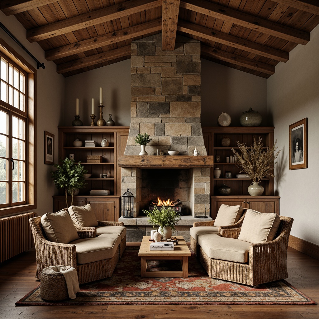 Prompt: Rustic wooden accents, natural stone walls, earthy color palette, woven wicker furniture, plush velvet upholstery, metallic hardware, distressed finishes, vintage decorative items, reclaimed wood floors, cozy fireplace, warm ambient lighting, shallow depth of field, 1/2 composition, realistic textures, soft focus effect.