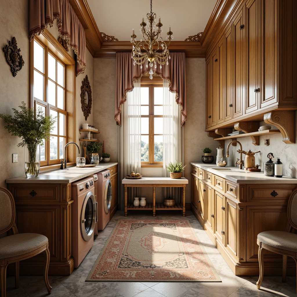 Prompt: \Opulent laundry room, ornate wooden cabinets, curved legs, gilded accents, velvet upholstery, intricate carvings, soft pastel hues, delicate lace details, antique bronze fixtures, marble countertops, luxurious area rugs, grand chandeliers, warm golden lighting, shallow depth of field, 1/2 composition, realistic textures, ambient occlusion.\