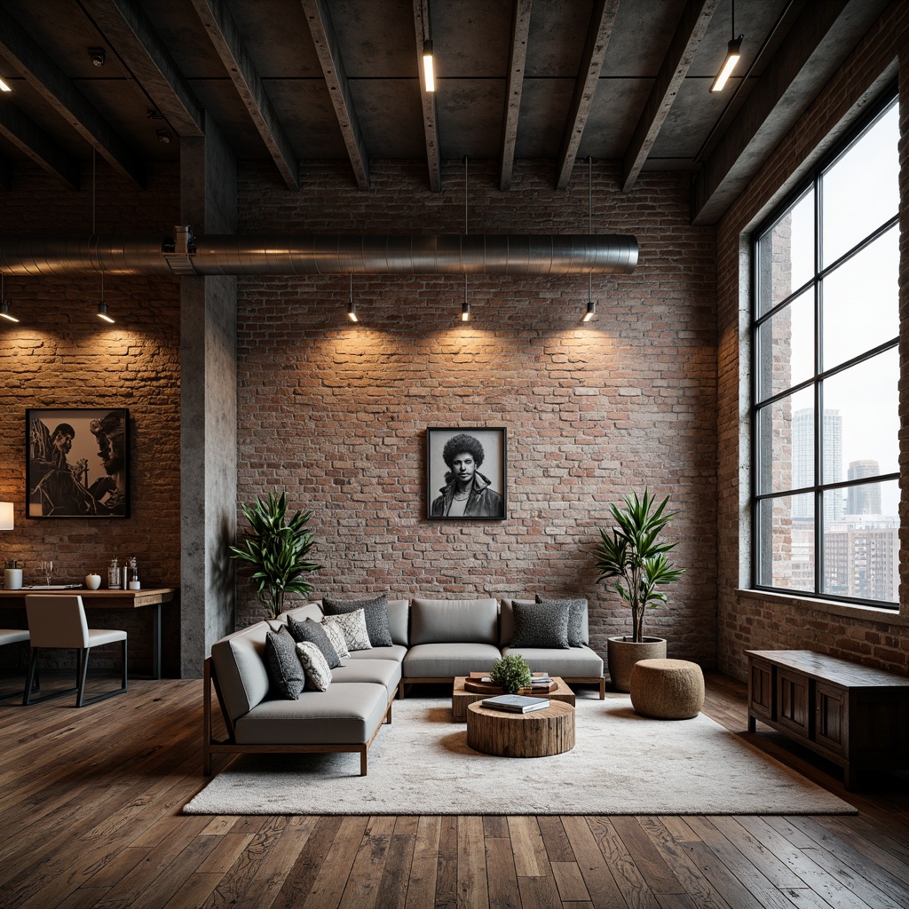 Prompt: Exposed brick walls, metal beams, reclaimed wood floors, industrial-style lighting fixtures, distressed concrete textures, urban cityscape views, modern minimalist decor, functional modular furniture, sleek metallic accents, edgy architectural lines, converted warehouse settings, eclectic vintage decorative items, moody atmospheric lighting, shallow depth of field, 2/3 composition, gritty realistic textures, ambient occlusion.