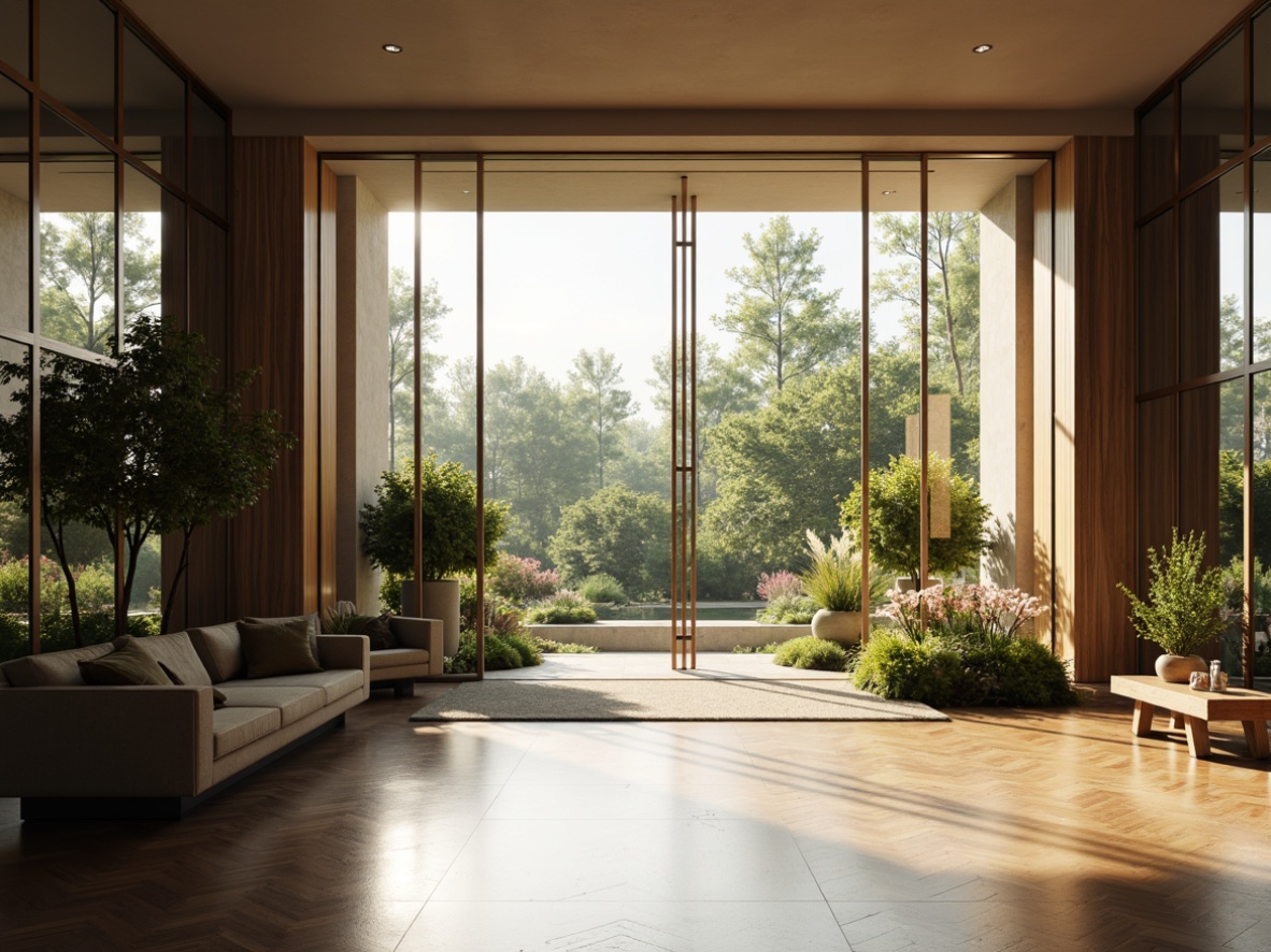 Prompt: Elegant entrance hall, sleek glass doors, transparent walls, modern minimalist design, polished metal handles, refined wooden floors, subtle ambient lighting, shallow depth of field, 3/4 composition, panoramic view, realistic reflections, ambient occlusion, spacious interior, natural stone accents, lush greenery, vibrant flowers, warm sunny day.