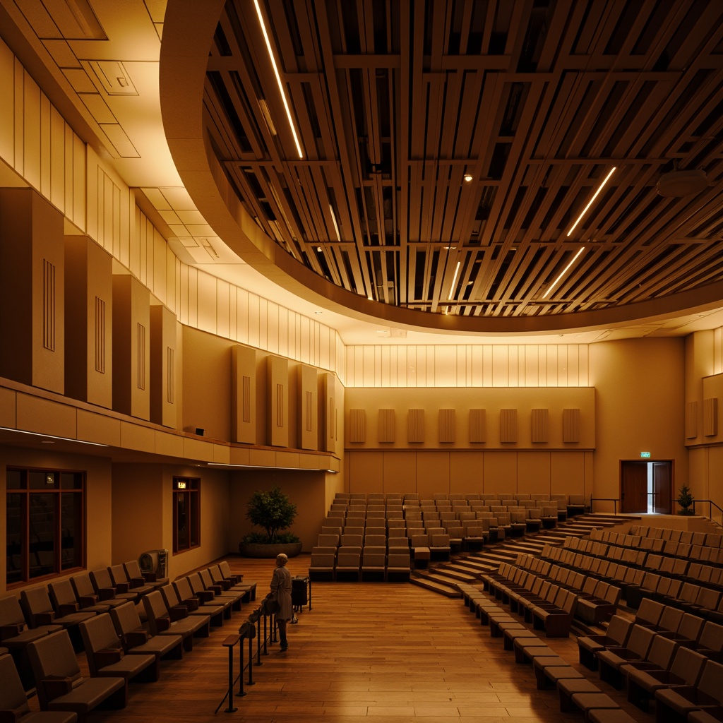 Prompt: Warm golden lighting, mid-century modern auditorium, curved lines, minimal ornamentation, wooden accents, suspended ceiling panels, retro-style sconces, floor-to-ceiling windows, natural daylight, warm beige walls, dark wood flooring, comfortable seating, sloping stage, professional sound equipment, sleek metal railings, subtle color palette, soft ambient glow, high contrast ratios, dramatic spotlights, 3-point lighting setup, cinematic atmosphere, realistic textures, ambient occlusion.