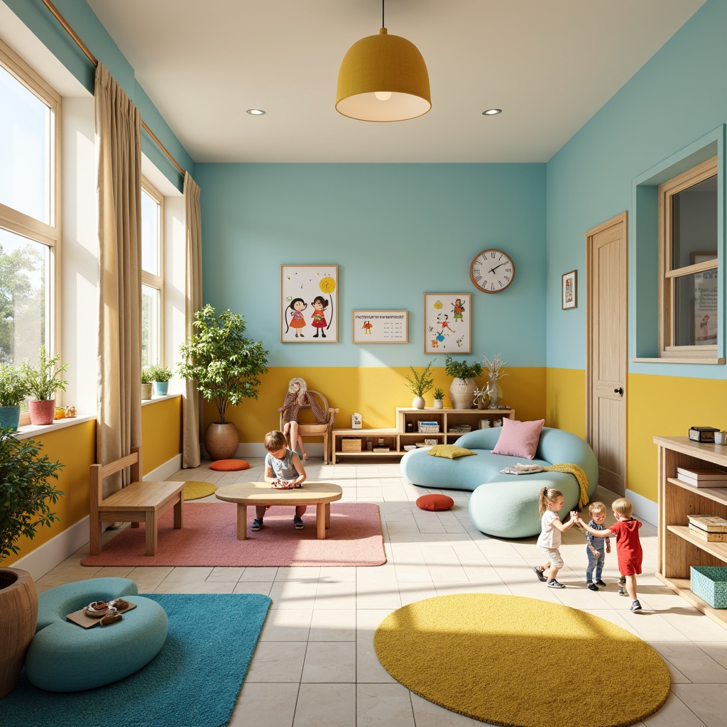 Prompt: Vibrant kindergarten, playful color scheme, soft pastel hues, calming blue tones, warm beige accents, bright yellow highlights, creamy white walls, natural wood furniture, rounded shapes, whimsical patterns, educational posters, colorful rugs, comfortable seating areas, abundant natural light, shallow depth of field, 1/1 composition, realistic textures, ambient occlusion.