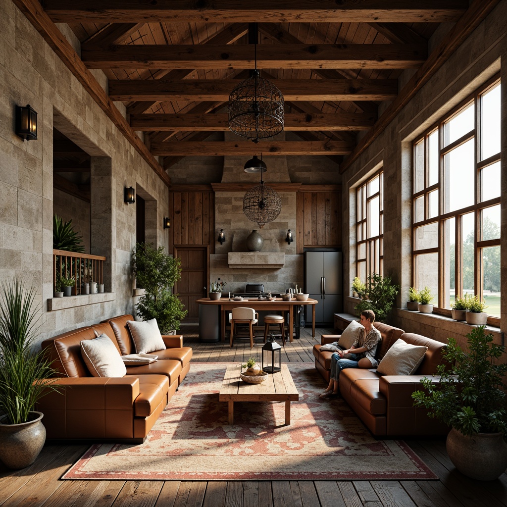 Prompt: Rustic farmhouse, vintage wooden accents, distressed finishes, earthy color palette, natural stone walls, exposed wooden beams, reclaimed wood floors, metal lanterns, potted greenery, worn leather furniture, antique decorative items, cozy throw blankets, soft warm lighting, shallow depth of field, 1/1 composition, intimate atmosphere, realistic textures, ambient occlusion.