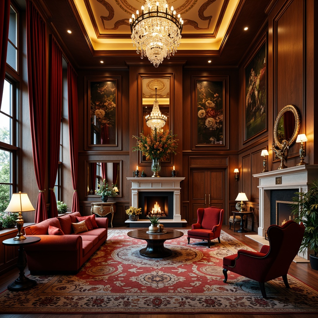 Prompt: Luxurious velvet sofas, ornate wooden chairs, intricately carved tables, grandiose crystal chandeliers, richly patterned rugs, majestic stone fireplaces, opulent golden accents, lavish drapery, imposing wooden paneling, regal red upholstery, gilded mirrors, exquisite marble countertops, warm candlelight, soft classical music, intimate ambiance, 3/4 composition, low-key lighting, realistic textures.