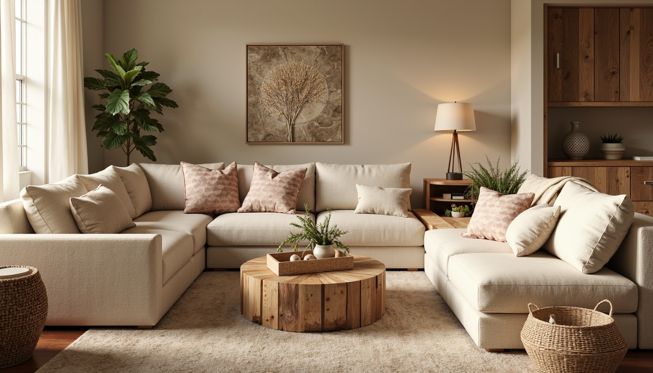 Prompt: Cozy living room, plush sofas, soft cushions, warm wooden tones, natural textures, comfortable seating, ergonomic designs, minimalist decor, soft pastel colors, calming ambiance, warm floor lamps, woven baskets, greenery accents, rustic wooden coffee tables, oversized armchairs, snuggle-up throw blankets, warm beige walls, soft rugs, peaceful atmosphere, serene retreat.