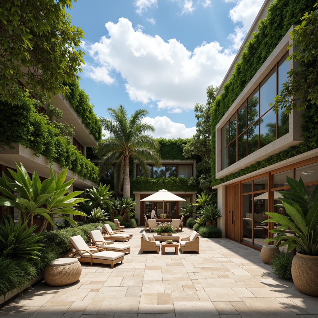 Prompt: Airy atrium, lush green walls, natural stone flooring, wooden accents, minimal decor, open concept living, floor-to-ceiling windows, sliding glass doors, soft warm lighting, shallow depth of field, 3/4 composition, panoramic view, realistic textures, ambient occlusion, tropical plants, rattan furniture, woven textiles, pastel color palette, gentle breeze, sunny day, blue sky, fluffy white clouds.