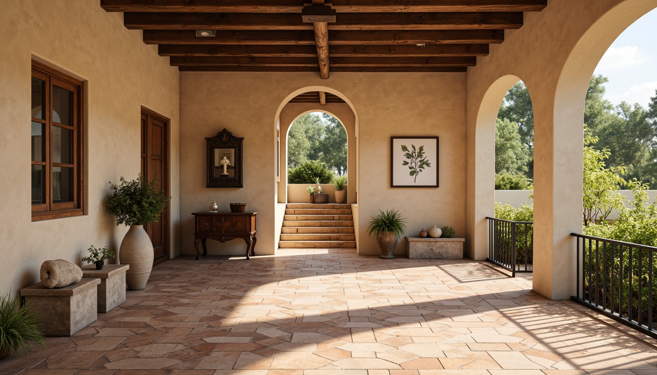 Prompt: Warm beige stucco walls, soft arches, ornate columns, decorative ceramic tiles, earthy terracotta flooring, rustic wooden accents, natural stone features, calming blue-green color palette, serene ambiance, gentle lighting, shallow depth of field, 1/1 composition, realistic textures, ambient occlusion.