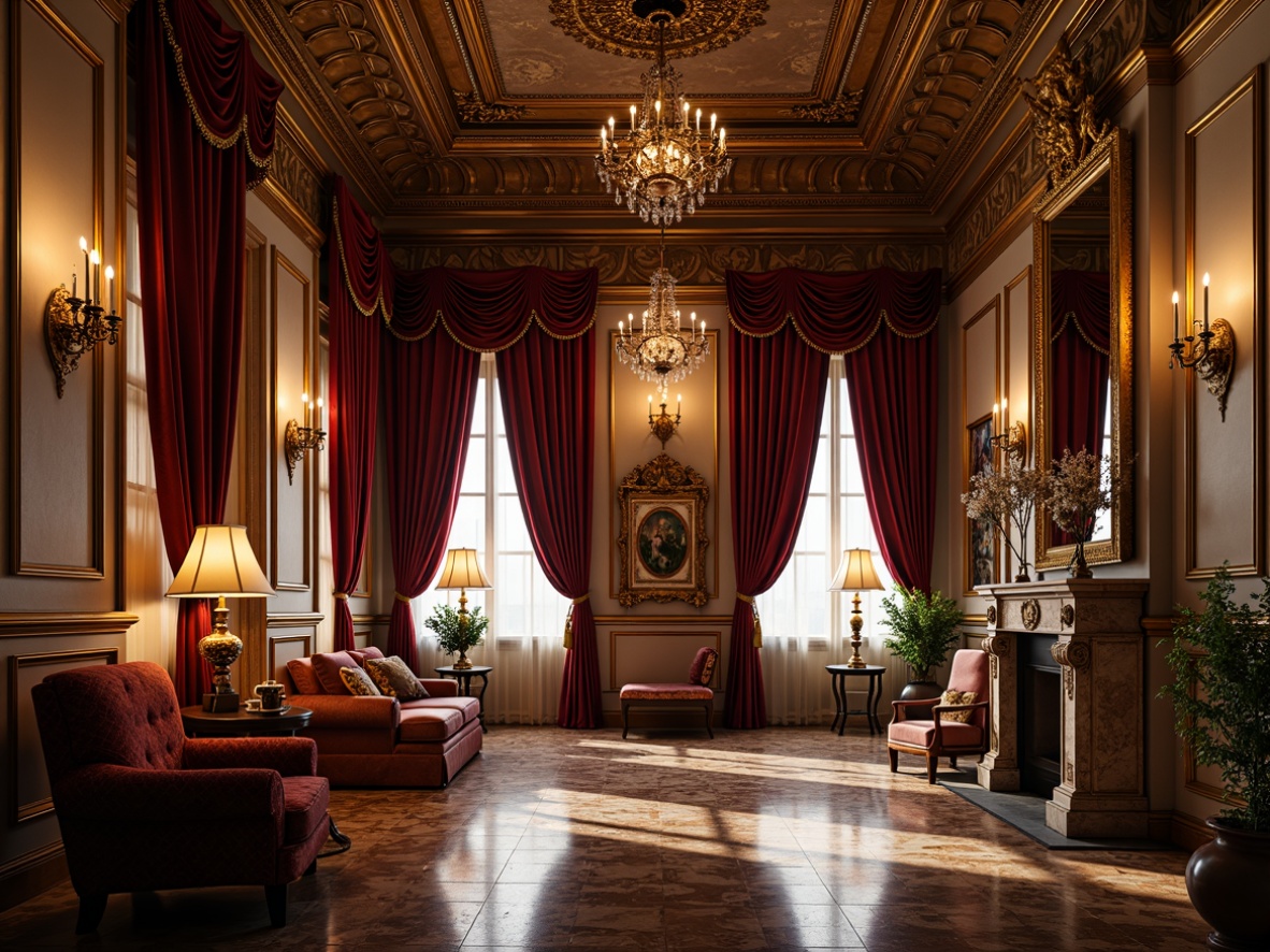 Prompt: Richly ornamented Baroque interior, lavish golden accents, velvety dark red drapery, intricately carved wooden furnishings, ornate mirrors, crystal chandeliers, marble flooring, grandiose high ceilings, warm candlelight, soft focus, 1/2 composition, warm color tone, luxurious fabrics, gilded details, dramatic shadows, ambient lighting.