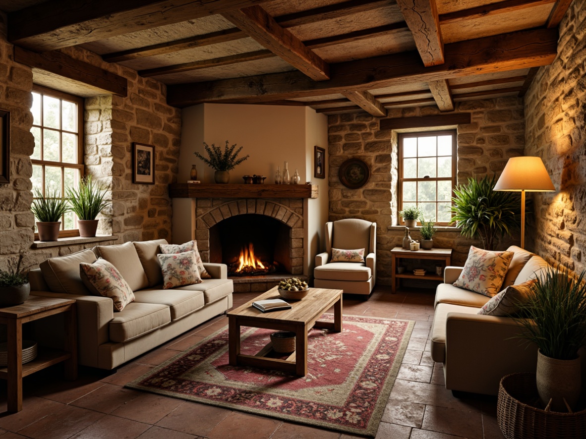 Prompt: Cozy French country basement, rustic stone walls, soft warm lighting, plush area rugs, distressed wood furniture, vintage decor accents, floral patterned textiles, rich velvet fabrics, natural linen upholstery, woven baskets, earthy color palette, intimate seating areas, candlelit ambiance, subtle fragrance of lavender, 1/1 composition, shallow depth of field, realistic textures.