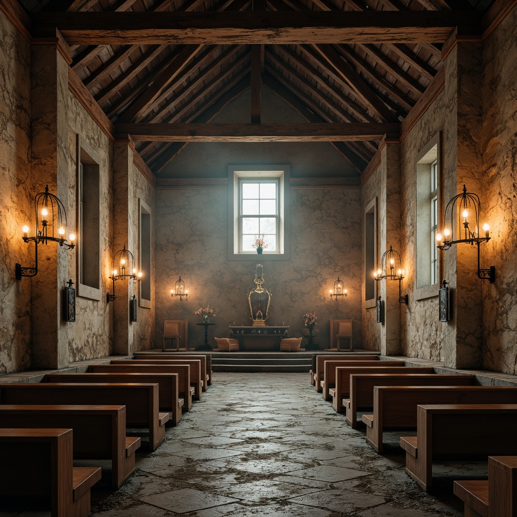 Prompt: Rustic church interior, weathered stone walls, distressed wooden beams, vintage lanterns, ornate metalwork, faded frescoes, worn stone floors, soft warm lighting, atmospheric fog, subtle camera movement, cinematic composition, high-contrast textures, detailed normal maps, realistic material properties, ambient Occlusion.