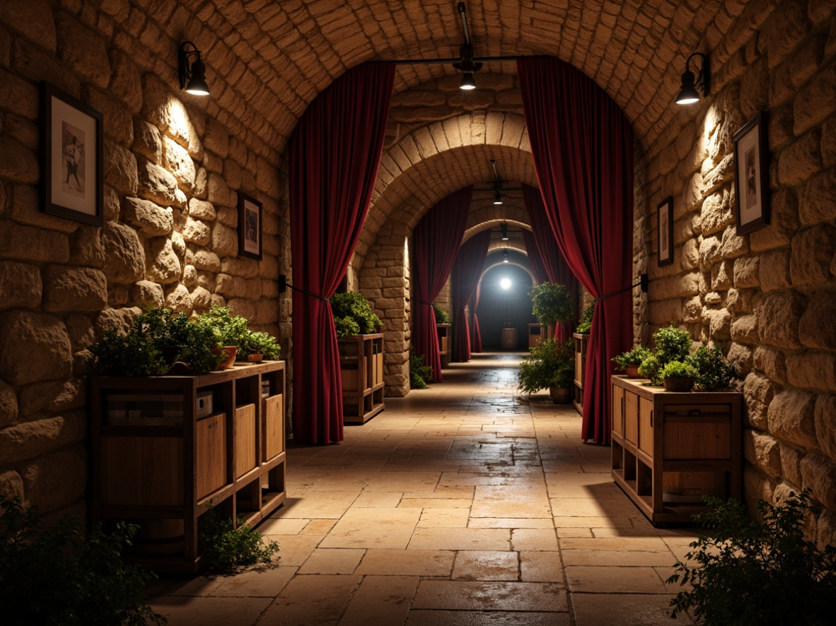 Prompt: Rustic wine cellar, earthy tone walls, rough-hewn stone floors, wooden barrel accents, dim warm lighting, rich velvet drapes, ornate metalwork, distressed wood shelves, vintage wine barrels, natural stone archways, brick-lined tunnels, dramatic spotlights, soft shadows, 3/4 composition, realistic textures, ambient occlusion.