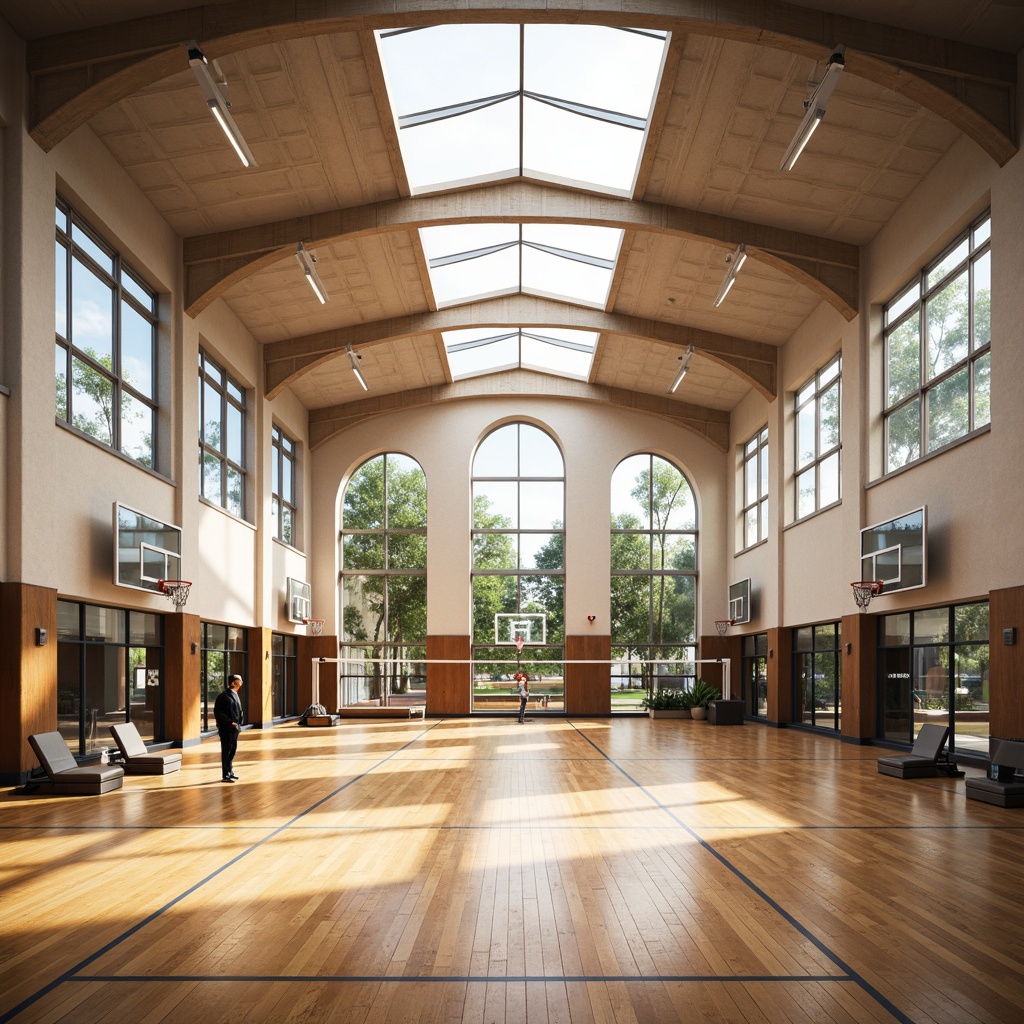 Prompt: Spacious gymnasium, high ceilings, clerestory windows, abundant natural light, wooden flooring, athletic equipment, basketball hoops, volleyball nets, exercise machines, mirrored walls, modern architecture, minimalist decor, bright color scheme, energetic atmosphere, soft warm lighting, shallow depth of field, 3/4 composition, panoramic view, realistic textures, ambient occlusion.